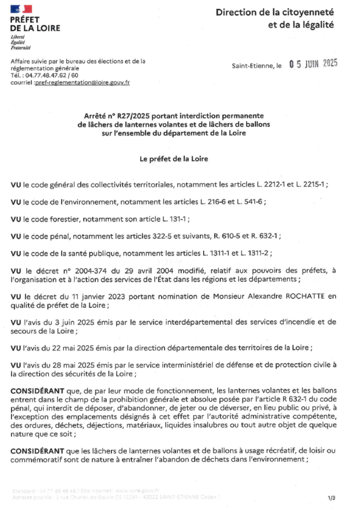 Arrêté portant sur les lâchers de Lanternes